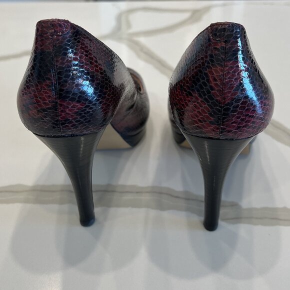 Nine West Danee Snake Skin Peeptoe Pumps in Black Cherry - Picture 4 of 8